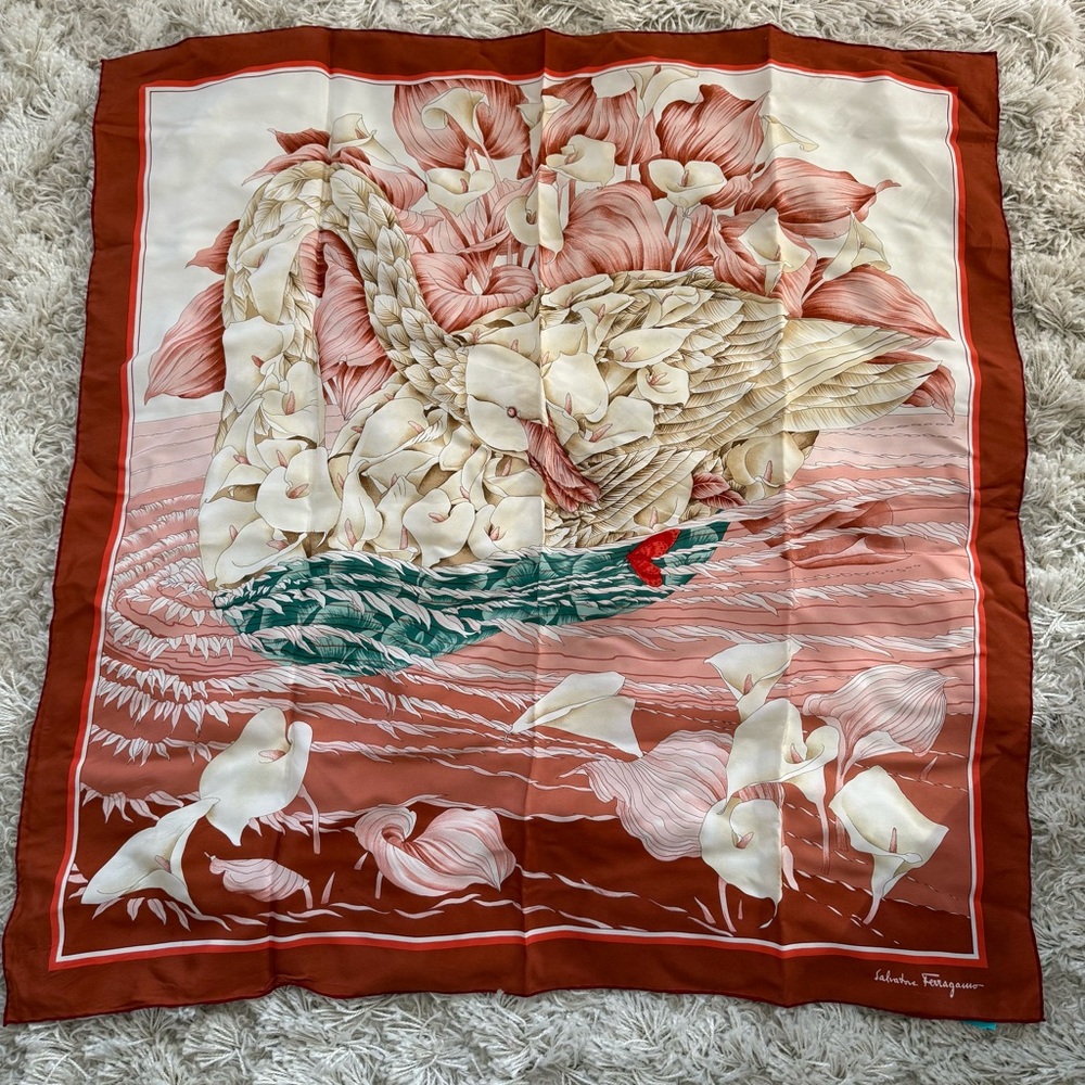 SALVATORE FERRAGAMO Floral Calla Lillies Silk Scarf with Swan Design
